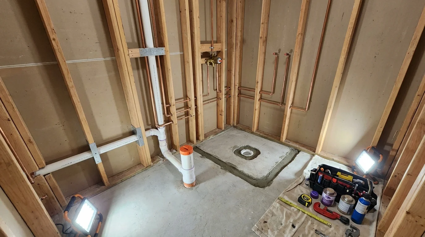 Bathroom rough-in plumbing during remodel by Johns Plumbing LLC in Dexter