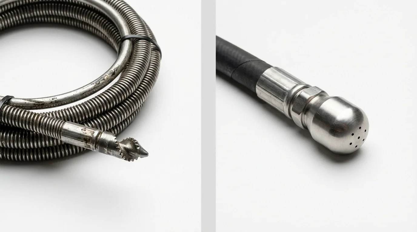 Drain snake cable and hydro jetting nozzle used for drain cleaning in Dexter, NY