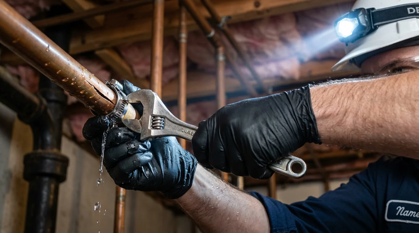 Emergency pipe clamp repair being performed by a Johns Plumbing LLC plumber in Dexter
