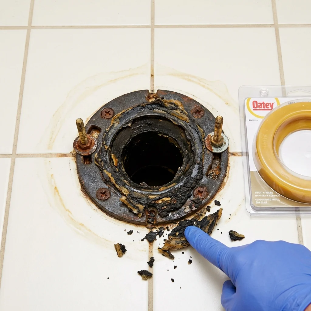 Failed wax ring showing water seepage at the base of a toilet in a Dexter, NY home