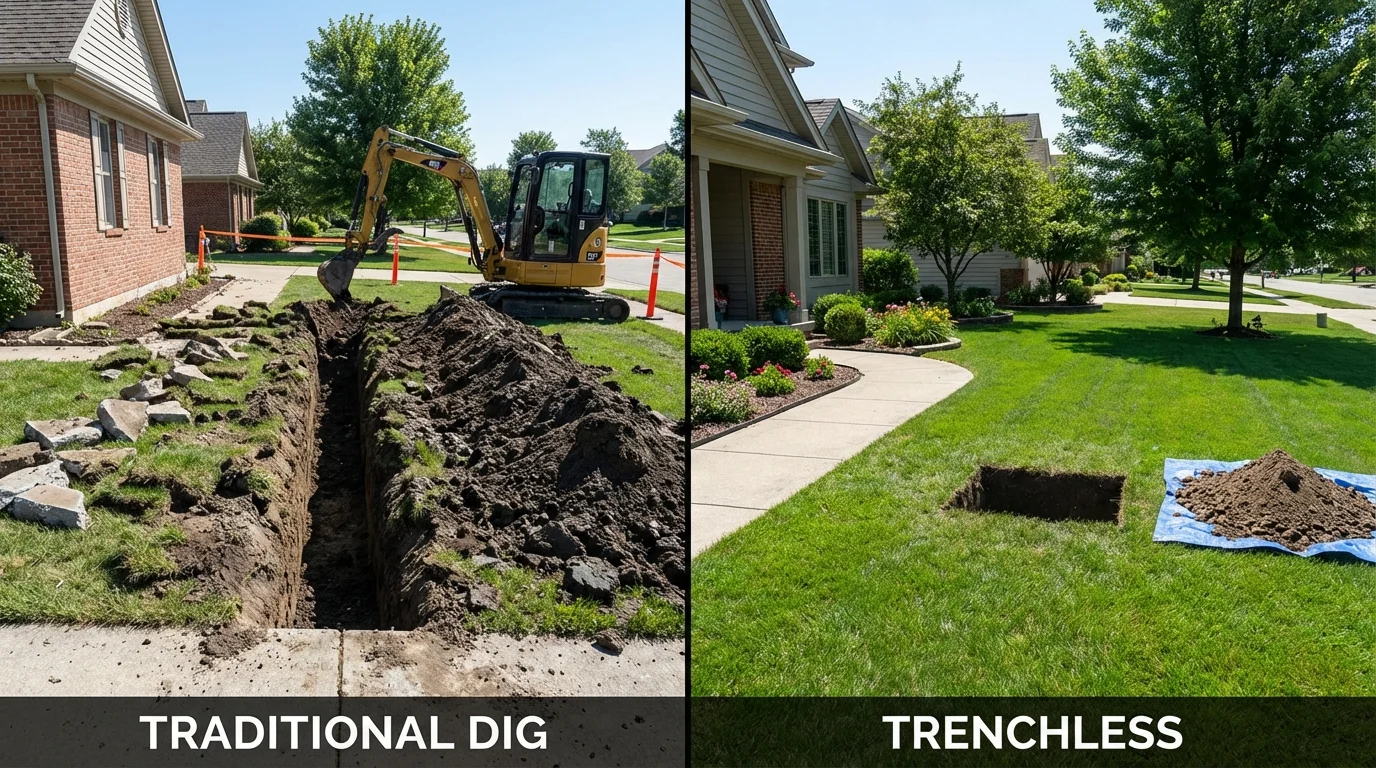 Trenchless sewer repair with minimal yard damage versus traditional excavation in Dexter, NY