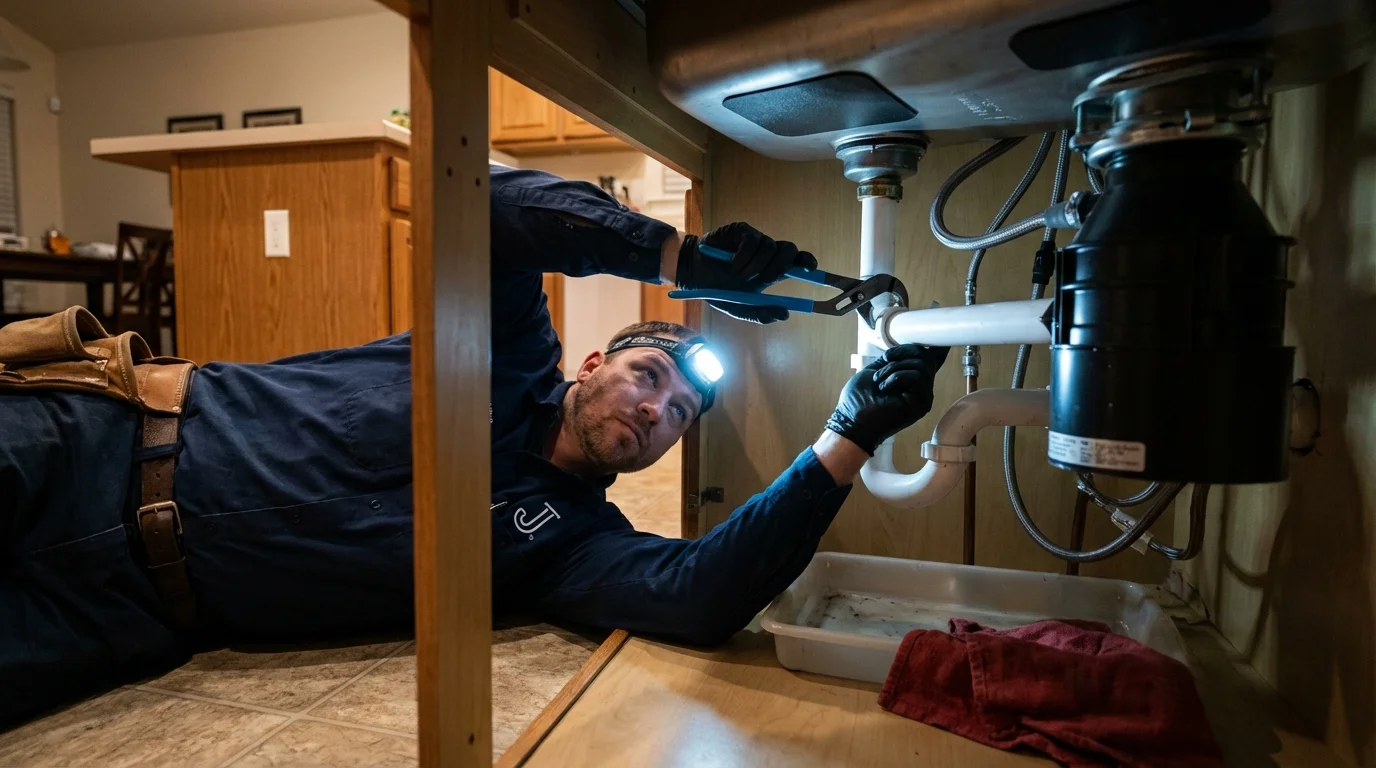 P-trap and supply line connections under a kitchen sink showing a common leak point in Dexter, NY